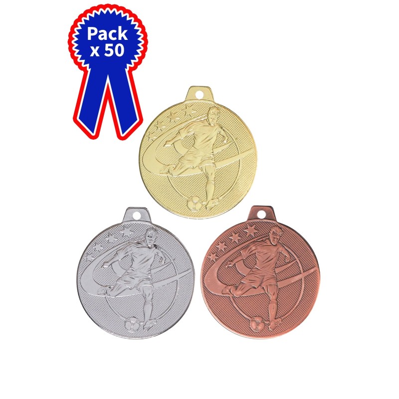Lot de 50 Médailles Football en promotion Ø 50mm - Finition or-argent-bronze