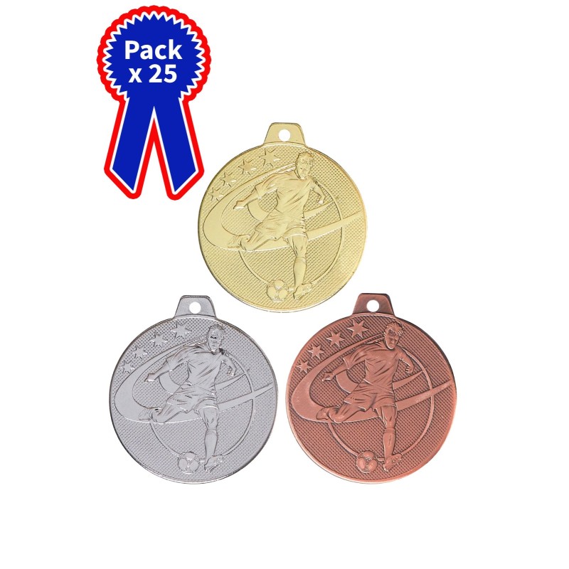Lot de 25 Médailles Football en promotion Ø 70mm - Finition or-argent-bronze