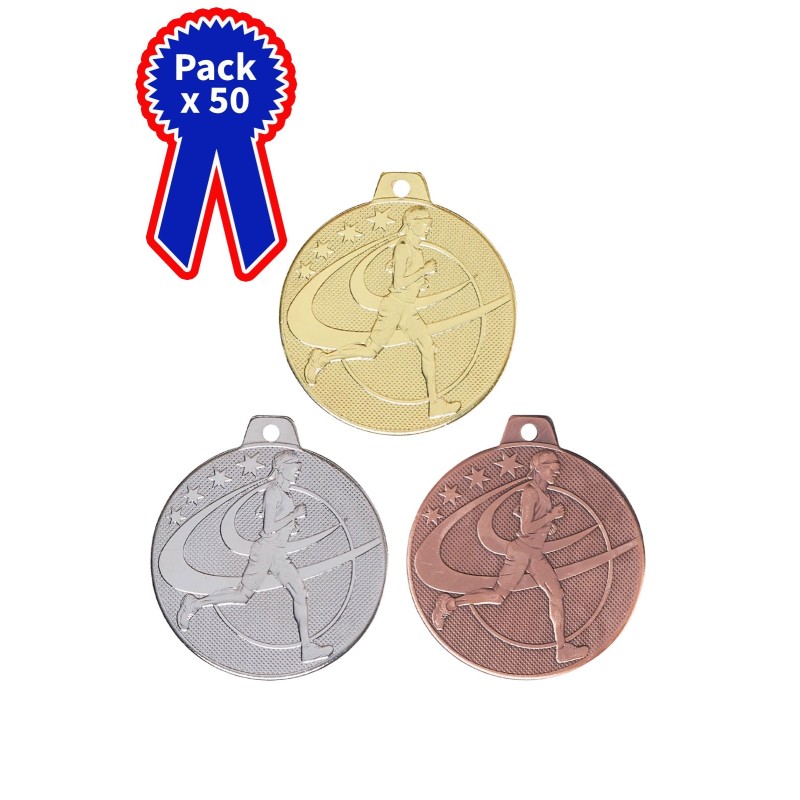 Lot de 50 Médailles Course à pied en promotion Ø 50mm - Finition or-argent-bronze