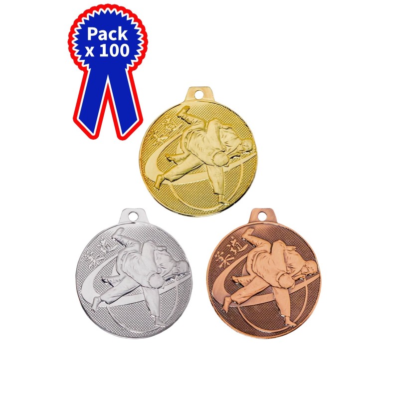 Lot de 100 Médailles Judo en promotion Ø 32mm - Finition or-argent-bronze