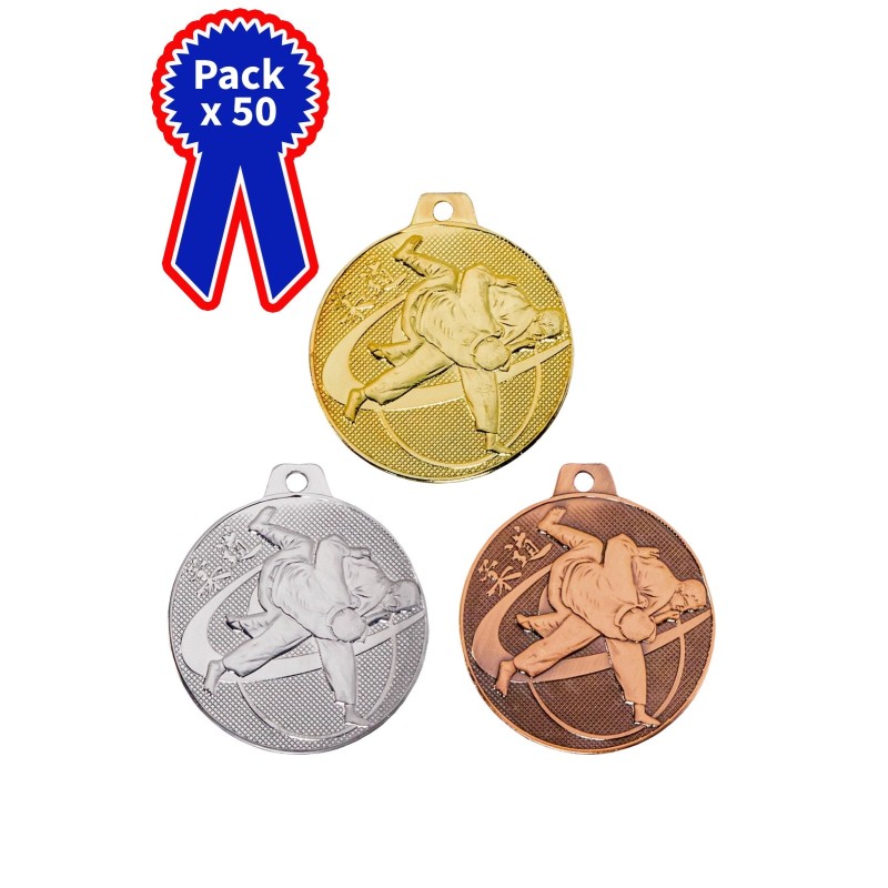 Lot de 50 Médailles Judo en promotion Ø 50mm - Finition or-argent-bronze