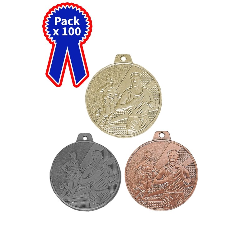100 Médailles Course à pied en promotion Ø 32mm - Finition or-argent-bronze