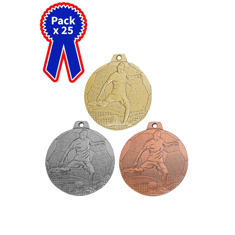 25 Médailles Football en promotion Ø 70mm - Finition or-argent-bronze